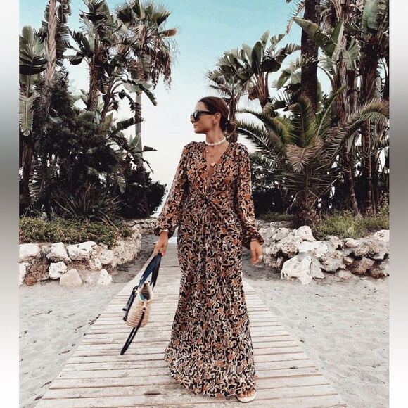 Zara Women Print Dress Knot Black Tan 8117/029 Size M NWT - Picture 1 of 16